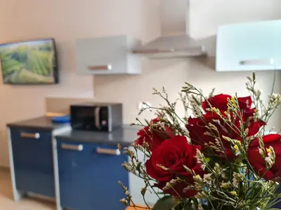 a bouquet of red roses in a kitchen at Restaurant & Apartments Getaway Pri Kobalu in Vipava