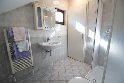 a bathroom with a sink and a toilet and a shower at Rooms Cvitar - Center in Kranjska Gora