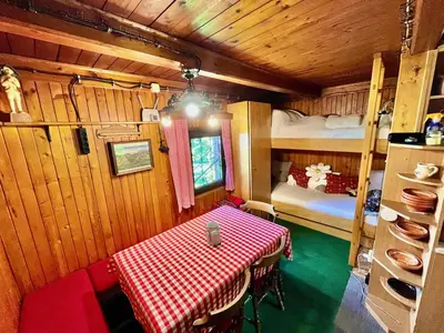 a room with a table and a bed in a cabin at Chalet Kanja Velika Planina in Stahovica