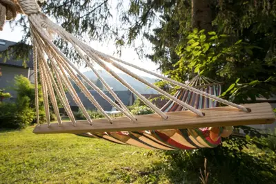 a hammock hanging from a tree in a yard at Art Hotel Kristal in Bohinj
