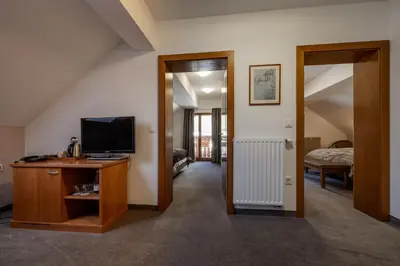 a living room with a television and a bedroom at Hotel Lipa in Kranjska Gora