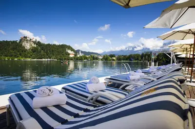 a row of blue and white towels on a boat at Grand Hotel Toplice - Small Luxury Hotels of the World in Bled
