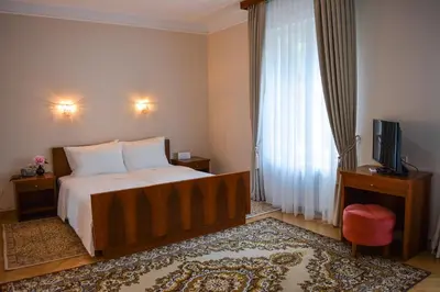 a hotel room with a bed and a television at Vila Bled in Bled