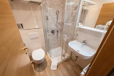 a bathroom with a shower and a toilet and a sink at Penzion Livada in Kranjska Gora