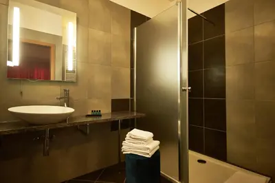 a bathroom with a sink and a toilet and a shower at Hotel Vila Emei in Maribor