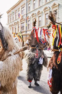a group of people in costumes walking down a street at Hotel Vila Emei in Maribor