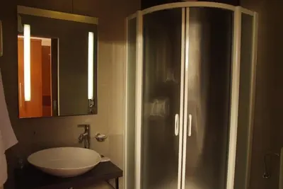 a bathroom with a shower and a sink at Hotel Vila Emei in Maribor