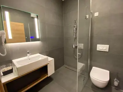 a bathroom with a toilet and a sink and a shower at Hotel Leonardo in Slovenska Bistrica