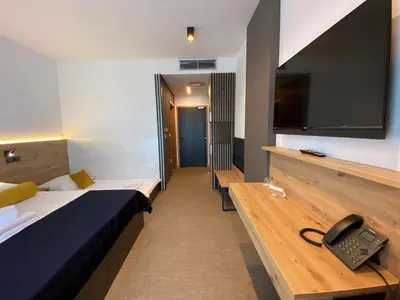 a hotel room with two beds and a television at Hotel Leonardo in Slovenska Bistrica