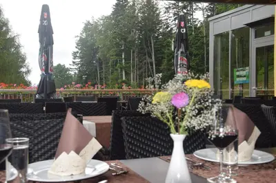 a table with a vase of flowers on top of a restaurant at Hotel Zarja in Pohorje