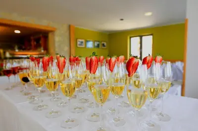 a table with wine glasses with strawberries in them at Hotel Zarja in Pohorje
