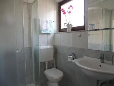 a bathroom with a toilet and a sink and a window at Apartments and Rooms Tavcar in Bled