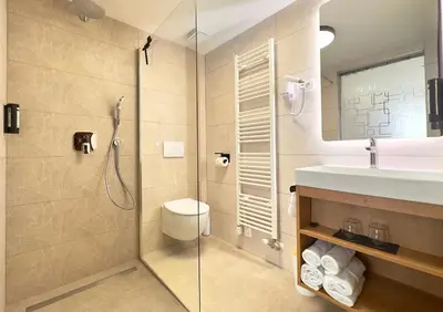a bathroom with a shower and a toilet and a sink at Hotel MANTOVA Vrhnika in Vrhnika