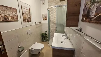 a bathroom with a toilet and a sink at Apartment Panorama & Bella Vista in Bohinjska Bela
