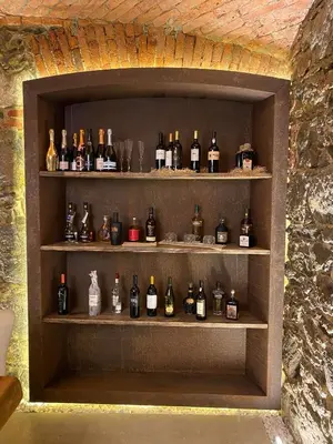a shelf filled with lots of bottles of alcohol at Hotel MOREA in Ljubljana