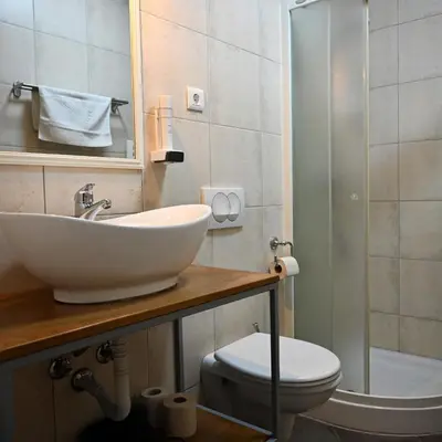 a bathroom with a sink and a toilet and a shower at Hotel MOREA in Ljubljana