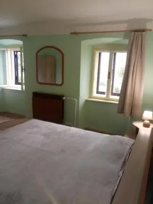 a bedroom with a large bed and two windows at Gostilna Tratnik in Zoll