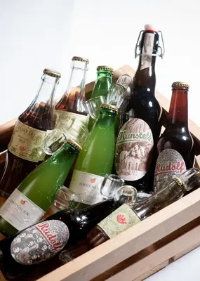 a wooden box filled with different types of beer bottles at Kunstelj Pension in Radovljica