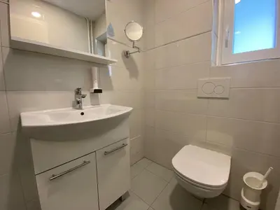 a white bathroom with a sink and a toilet at Kunstelj Pension in Radovljica