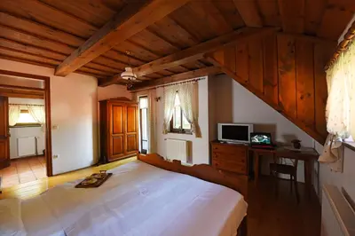 a bedroom with a bed and a desk with a television at Domačija Šeruga Countryside hotel in Novo Mesto