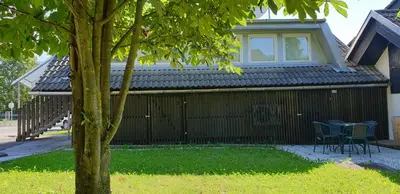 a house with two chairs and a tree at 4 seasons apartment Radovljica in Radovljica