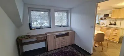 a small kitchen with a counter and two windows at 4 seasons apartment Radovljica in Radovljica