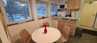 a kitchen with a white table and chairs in a kitchen at 4 seasons apartment Radovljica in Radovljica