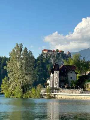 a house on a hill next to a body of water at Adora Luxury Hotel in Bled