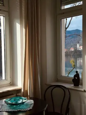 a table and a chair in front of a window at Adora Luxury Hotel in Bled