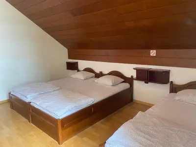 two twin beds in a room with wooden ceilings at Youth Hostel Bledec in Bled