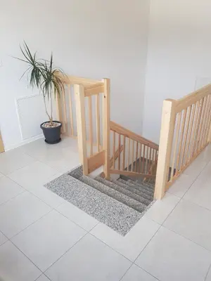 a staircase with a table and a potted plant at Apartmaji Janković in Logatec