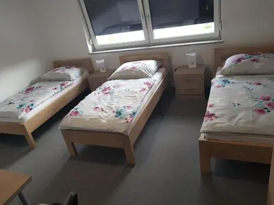 two twin beds in a room with a window at Apartmaji Janković in Logatec