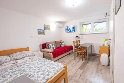 a bedroom with a bed and a couch and a table at Studio Southwest 2 semi-basement in Ljubljana