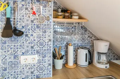a kitchen with blue and white tiles on the wall at Pr'Jernejc Agroturism in Lesce