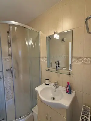 a bathroom with a sink and a shower at Apartments and Rooms With View on Bled in Zgornje Gorje