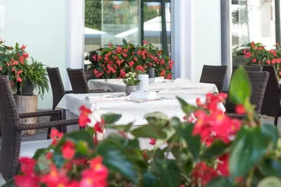 a table with red flowers on a patio at Postojna Cave Rooms & Apartments Proteus in Postojna