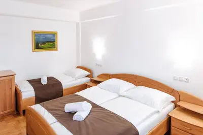 a small room with two beds and a desk at Rooms Reaktiv in Zreče