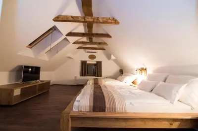 a bedroom with a large bed and a tv at Gorska Reka Guesthouse in Zreče