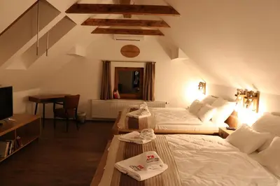 a hotel room with two beds and a television at Gorska Reka Guesthouse in Zreče