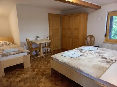 a bedroom with two beds and a table and chairs at Sobe Levc in Mozirje