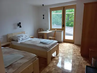 a bedroom with two beds and a table and a window at Sobe Levc in Mozirje
