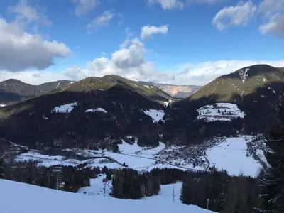 a view of a snow covered mountain range with trees at Auredius Deluxe Apartment in Kranjska Gora