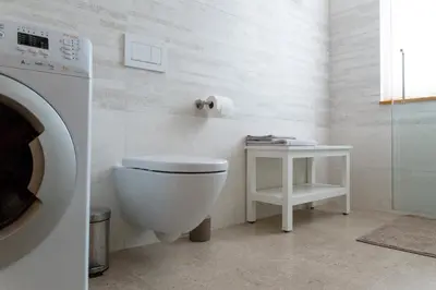 a bathroom with a toilet and a washing machine at Auredius Deluxe Apartment in Kranjska Gora