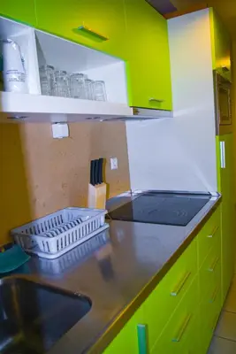 a kitchen with green cabinets and a sink at Simbol Rooms with free private parking in Ljubljana