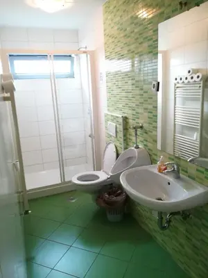 a bathroom with a toilet and a sink at Simbol Rooms with free private parking in Ljubljana