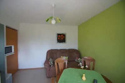 a living room with a couch and a table and chairs at Apartments Mencinger in Bohinj
