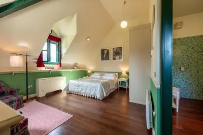 a bedroom with a bed and a green wall at Boutique Hotel Dobra Vila Bovec in Bovec