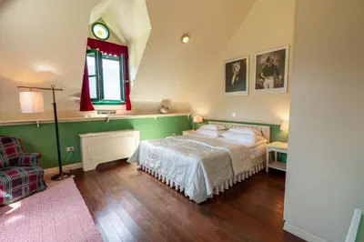 a bedroom with a bed and a green wall at Boutique Hotel Dobra Vila Bovec in Bovec