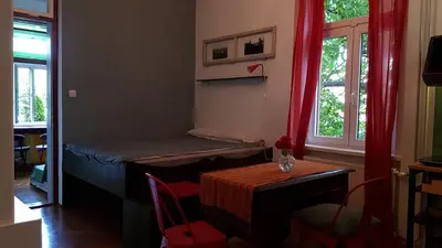 a room with a bed and a table and windows at Villa Coola in Ljubljana