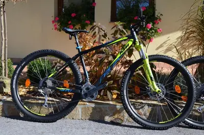 a bike parked in front of a house with flowers at TEMPFER 2 Apartments & Rooms with new WELLNESS in Kranjska Gora